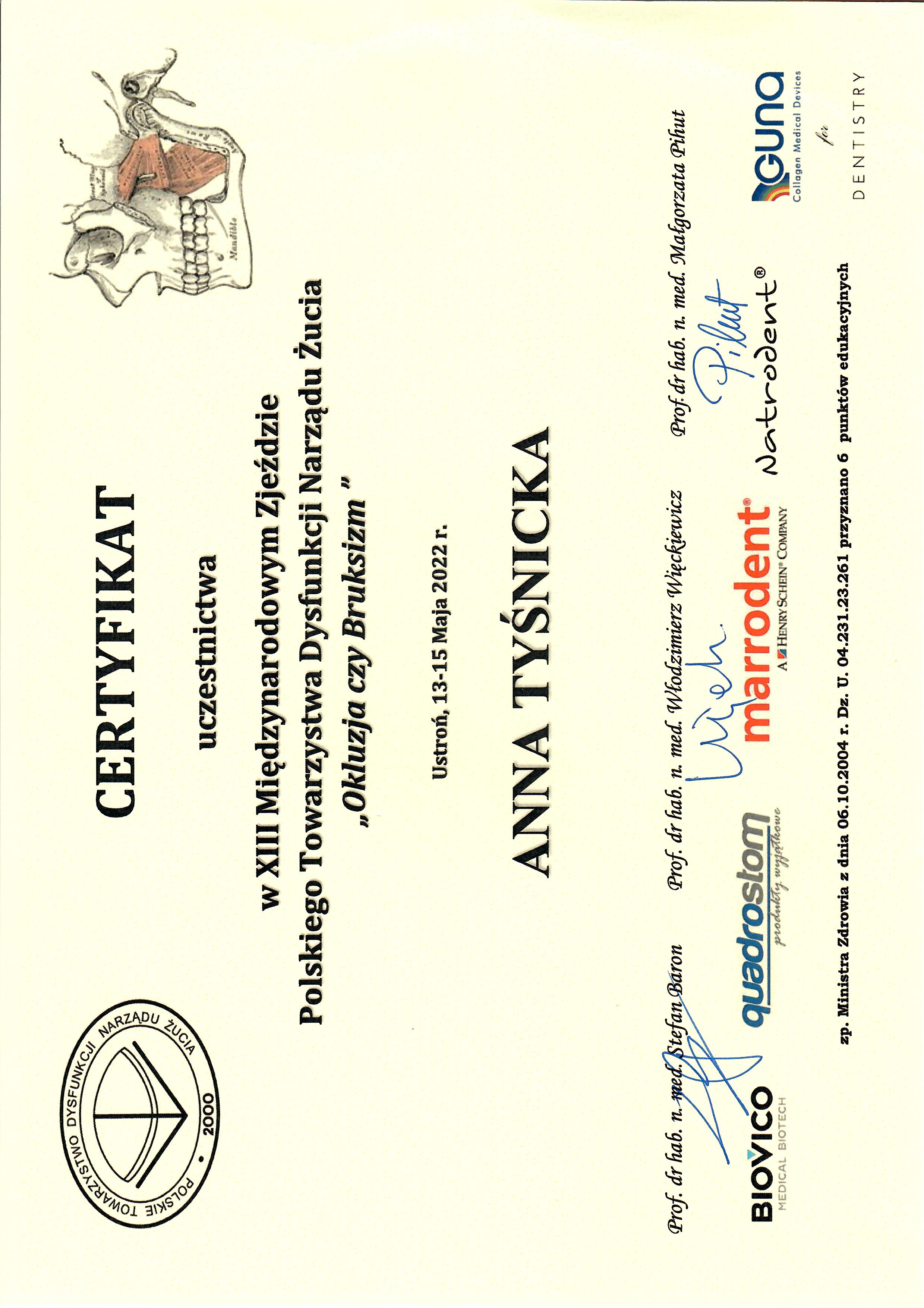 Certyfikat uczestnictwa – Okluzja czy Bruksizm