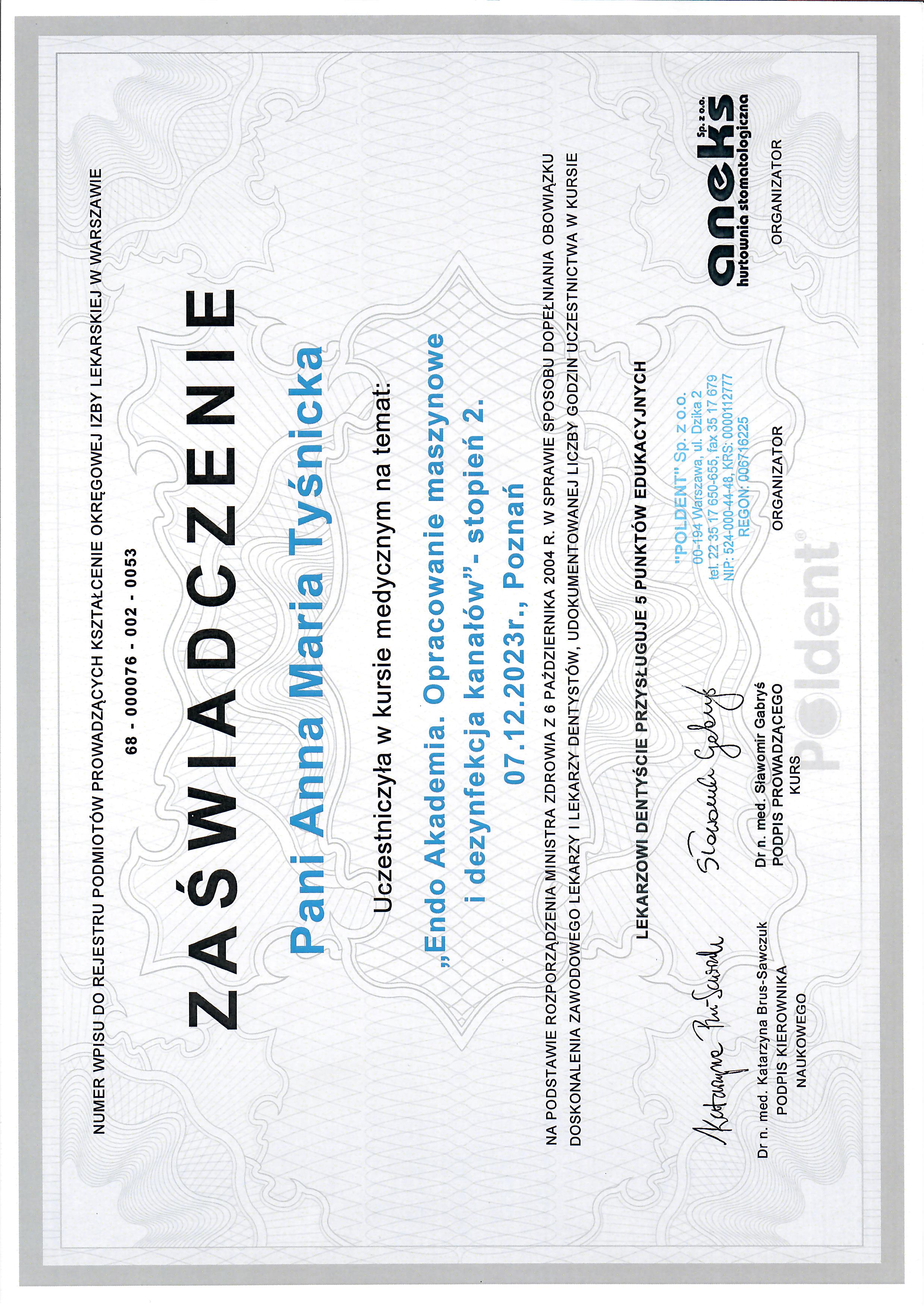 Zaświadczenie – Endo Akademia stopień 2