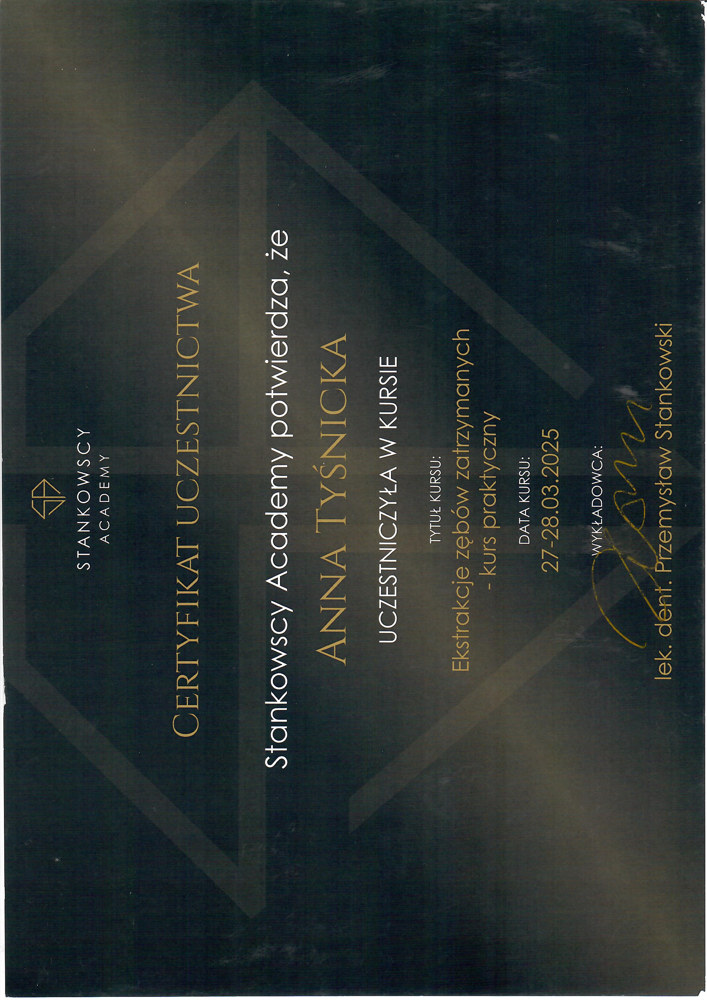 Certyfikat uczestnictwa – ekstrakcje zębów zatrzymanych