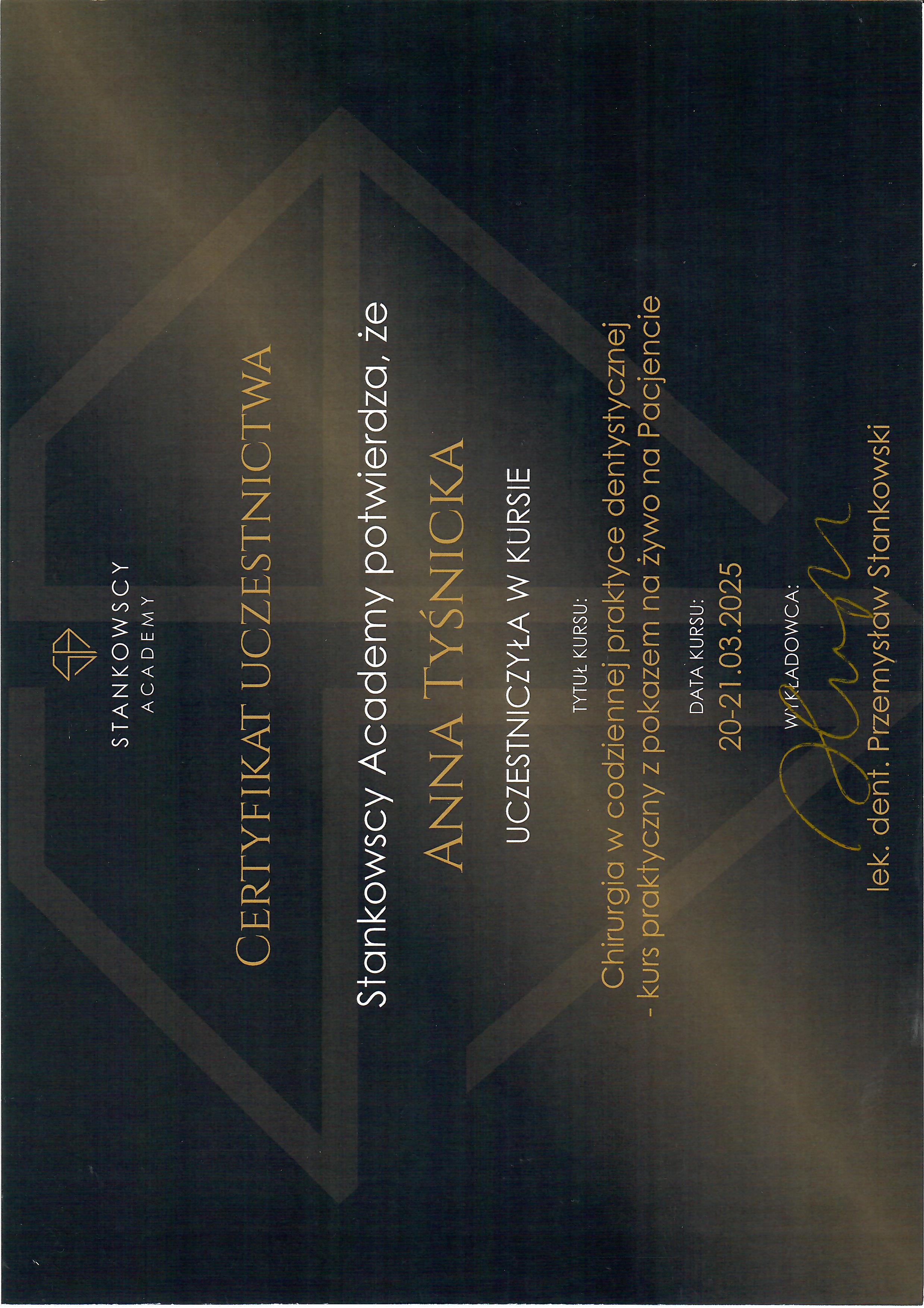 Certyfikat uczestnictwa – chirurgia w codziennej praktyce dentystycznej