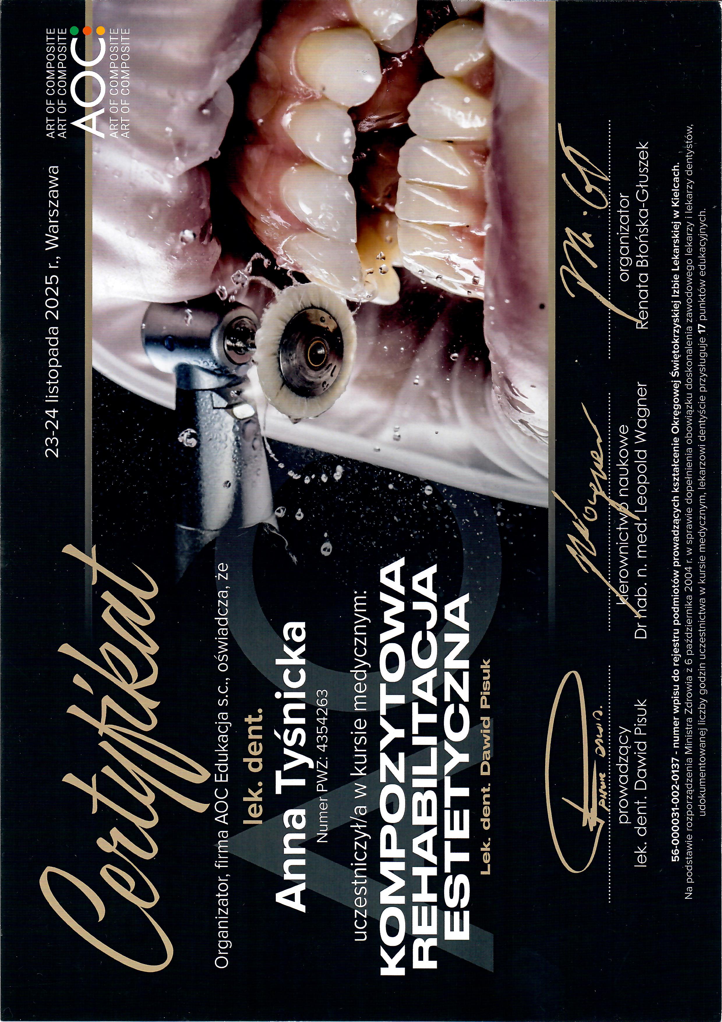 Certyfikat – kompozytowa rehabilitacja estetyczna